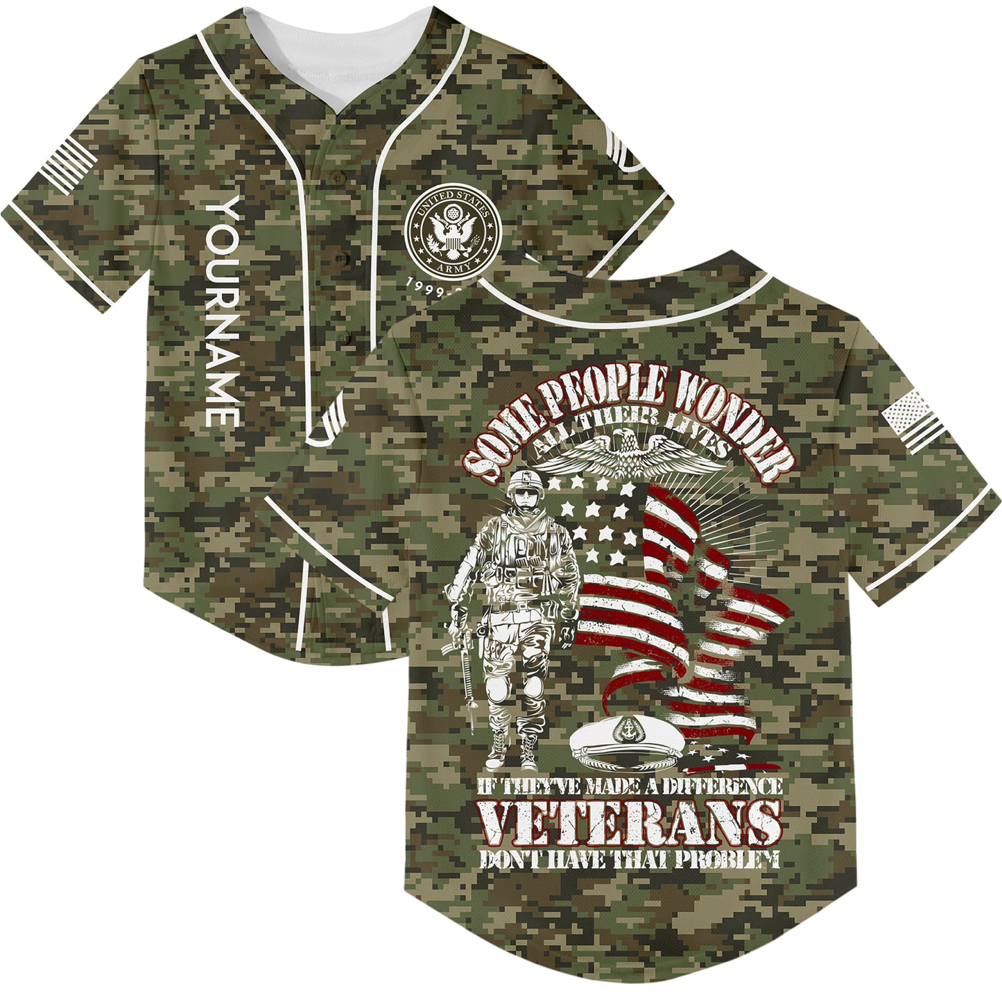 Custom Camo Some People Wonder All Their Lives If They've Made A Difference Veterans Don't Have That Problem Flag U.S. Army Military Staff Sergeant Rank Name Veterans Day Baseball Jersey | Father's Day Gifts