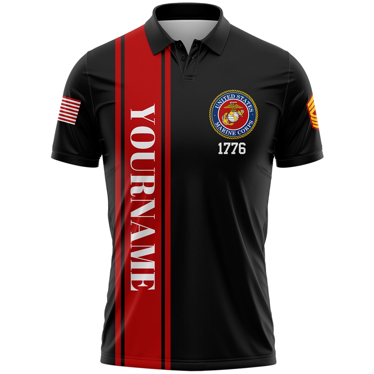 Custom Black 1776 Flag U.S Marine Corps Military Rank Name Veterans Day Golf Polo Shirt | Father's Day Gifts