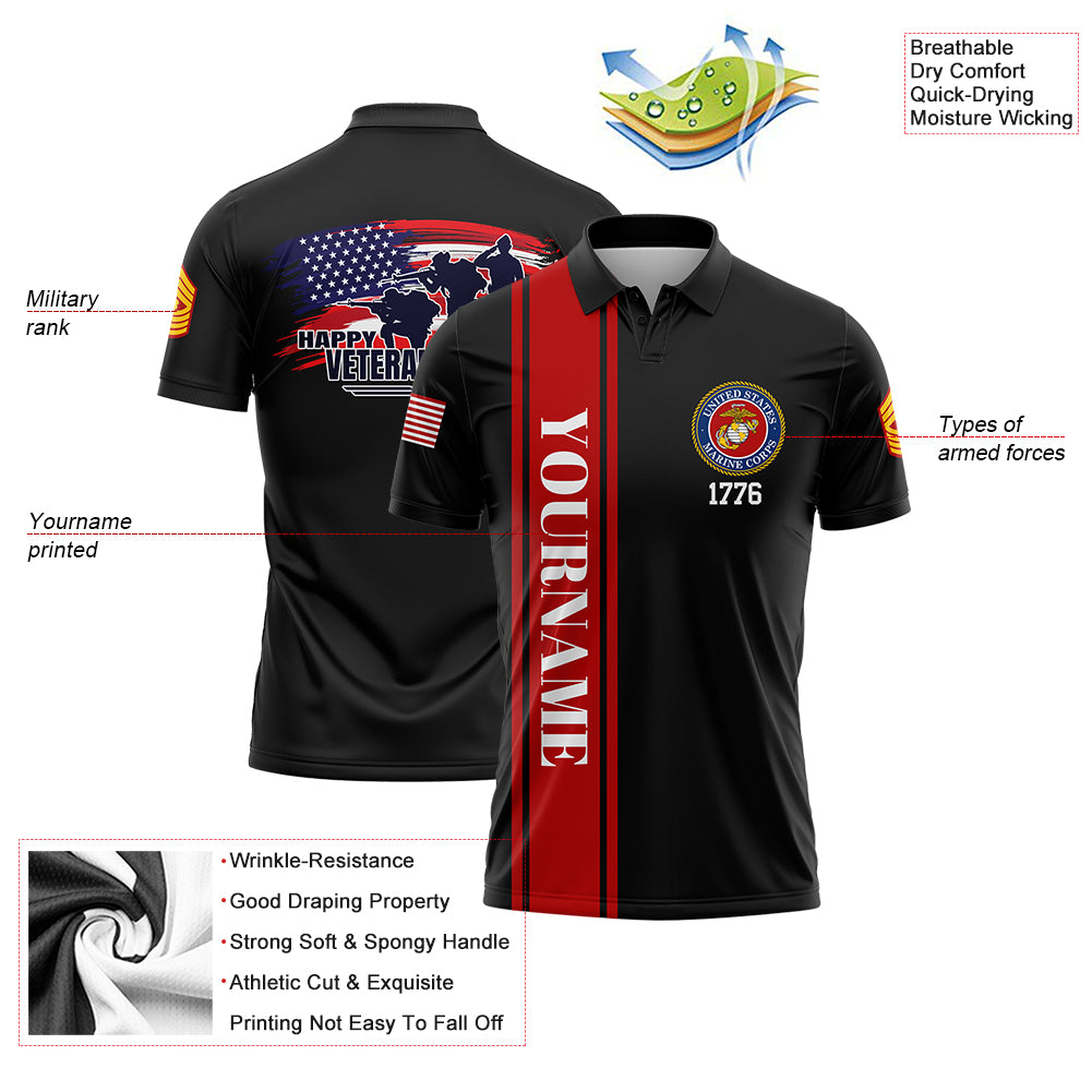Custom Black 1776 Flag U.S Marine Corps Military Rank Name Veterans Day Golf Polo Shirt | Father's Day Gifts