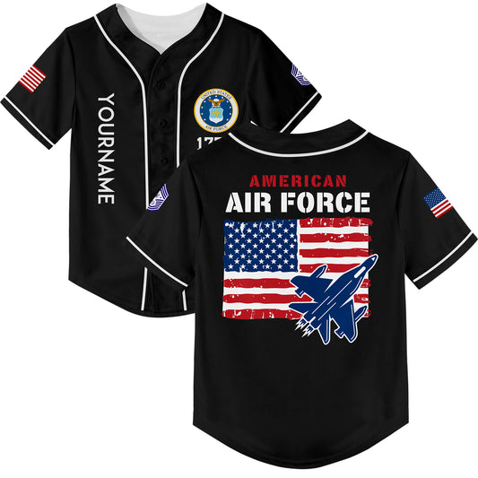 Custom Black 1776 American Flag U.S Air Force Military Rank Name Baseball Jersey