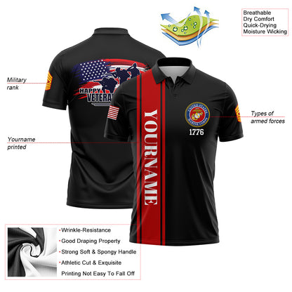 Custom Black 1776 Flag U.S Marine Corps Military Rank Name Veterans Day Golf Polo Shirt | Father's Day Gifts