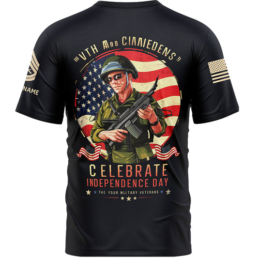 Celebrate  Independence Day Custom Black Military Rank Veteran Name T-Shirt