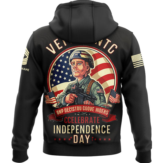 Celebrate  Independence Day Custom Black Military Rank Veteran Name Hoodie