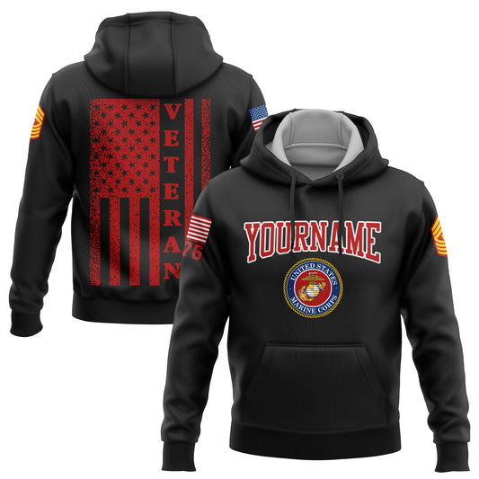 Custom Black 1776 American Flag Marine Corps Military Rank Name Veterans Day Hoodie | Father's Day Gifts