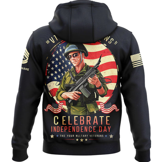 Celebrate  Independence Day Custom Black Military Rank Veteran Name Hoodie